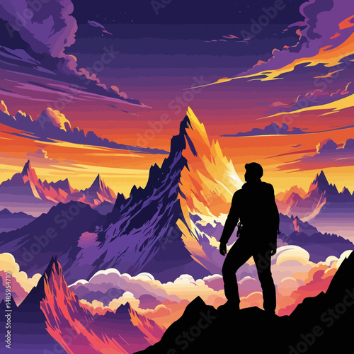 Majestic Mountain Peak Sunset Silhouette Climber Stunning Landscape Breathtaking View Colorful Sky Dramatic Scene Adventurous Journey Peaceful Serene Nature Scene Amazing Panorama High Altitude       