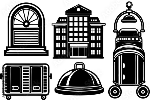 Hotel Service Icons Building Window Bellhop Cart Luggage Cart