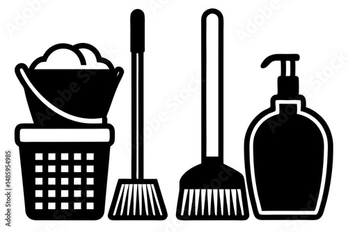 Cleaning Supplies Icons Bucket Brooms and Soap Dispenser