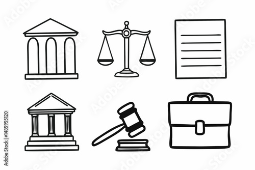 Hand Drawn Law Icons Set Justice Court and Legal Documents