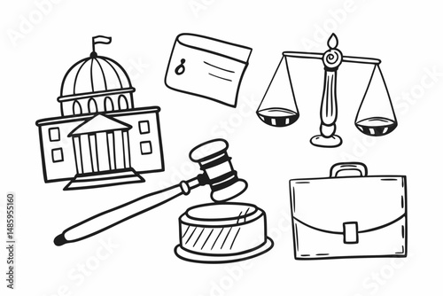 Hand Drawn Law and Justice Icons Courthouse Gavel Scales Document