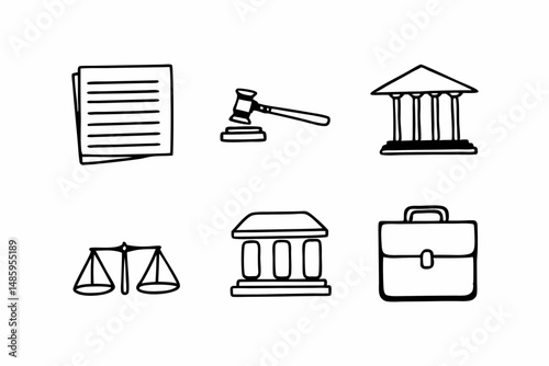 Hand Drawn Law Icons Set Gavel Scales Documents Courthouse