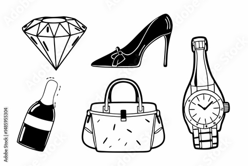 Luxury Fashion Accessories Diamond Shoes Handbag Watch and Champagne