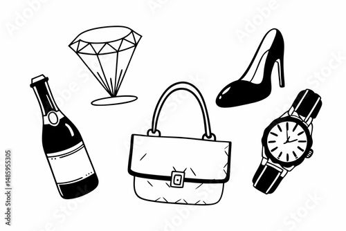 Hand Drawn Luxury Items Champagne Diamond Handbag Heels Watch