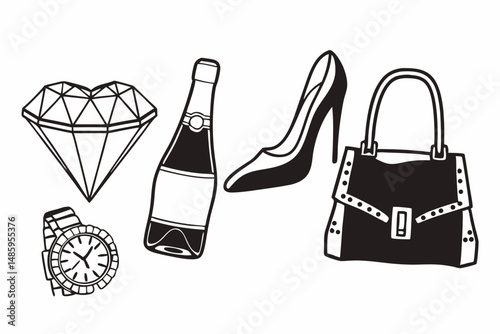 Luxury Lifestyle Items Diamond Champagne High Heels Handbag Watch