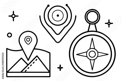 Line Art Icons of Location Pins Compass and Map