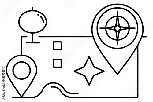 Simple Line Art Map Illustration with Location Pins and Compass