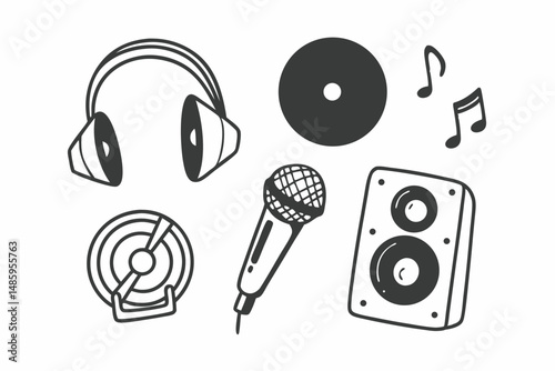 Hand Drawn Music Icons Headphones Microphone Speaker Vinyl