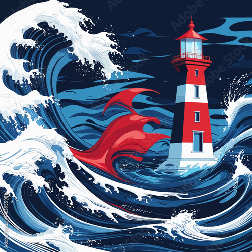 Lighthouse Storm Dramatic Ocean Waves Red Blue White Artistic Illustration Powerful Nature Seascape Coastal Scene Watercolor Style Graphic Design Element Digital Painting Nautical Theme Powerful Waves