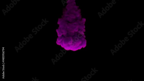 Purple ink or smoke blooms downward in dark against a black background, forming a dense swirling cloud in slow motion,  3d animation