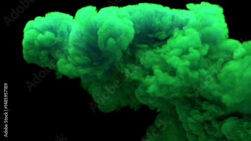 Bright green ink or colored smoke billows and spreads through dark, forming dense swirling cloud shapes against a black background, 3d animation