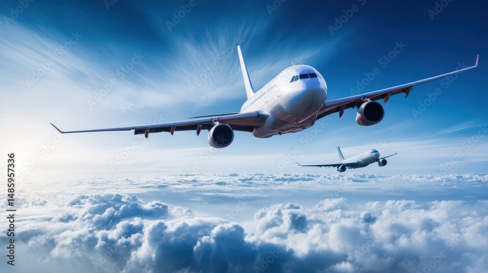 Fototapeta premium Two passenger jets soaring above fluffy clouds on a bright day.