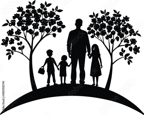 A silhouette of a loving family walks in the park near a tree under the summer sky, an illustration of nature and happiness