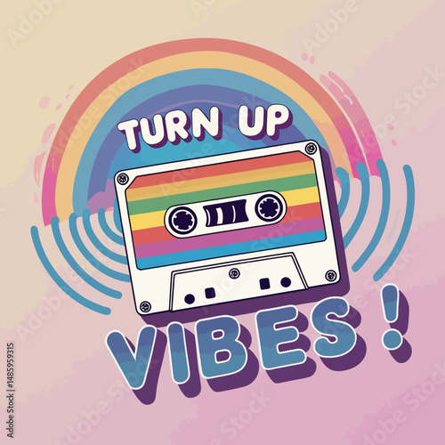 Retro Rainbow Cassette Tape Vibrant Vibes Design Cool 80s Music Graphic Vintage Aesthetic Illustration Colorful Summer Party Background Trendy Funky Positive Happy Joyful Energetic Upbeat Nostalgic   