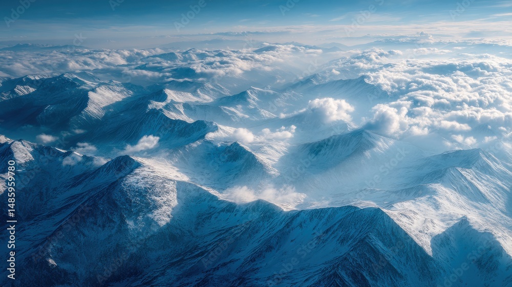 Fototapeta premium Ultra quality image of aerial view of snow-capped mountain peaks with blue sky and clouds.
