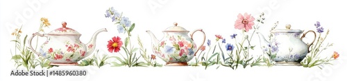 Floral teapots and wildflowers in a row