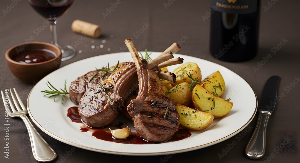 A plate of lamb chops with potatoes and a glass of red wine on the table A plate of lamb chops with potatoes and a glass of red wine on the table