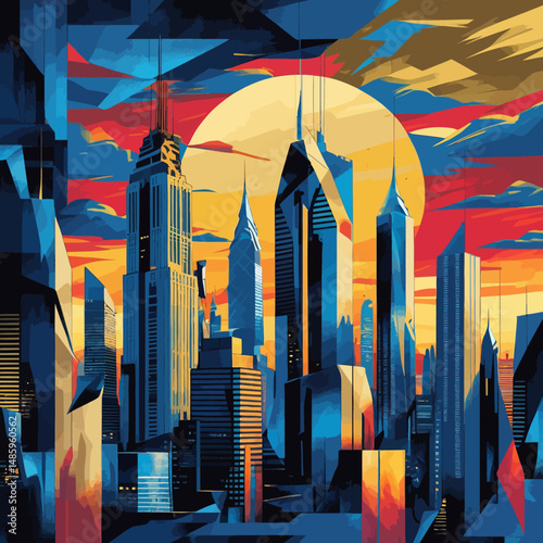 Modern Cityscape Sunset Vibrant Colors Bold Geometric Shapes Urban Skyline Digital Art Illustration Abstract Architecture Design Building City Night View Futuristic Metropolis Tall Buildings Evening  
