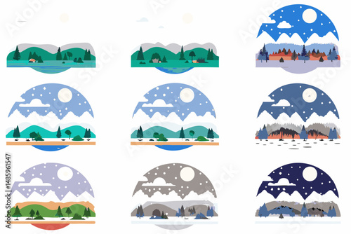 Landscape Illustration collection : Collection of stylized landscape illustrations, perfect for travel and adventure, portraying various seasons and times of the day.