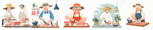 vector grandmother cutting meat