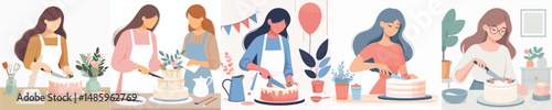 vector woman cutting cake