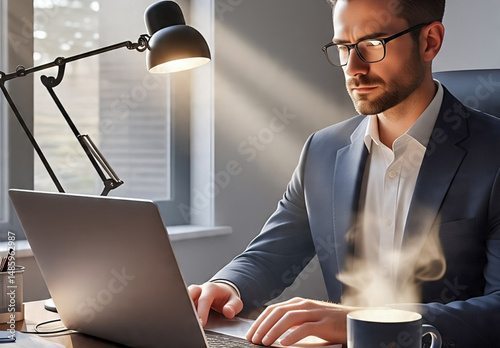 a Professional working from home at a tidy desk with a laptop, coffee mug, modern lamp, and neutral background, video call on screen, calm and focused 