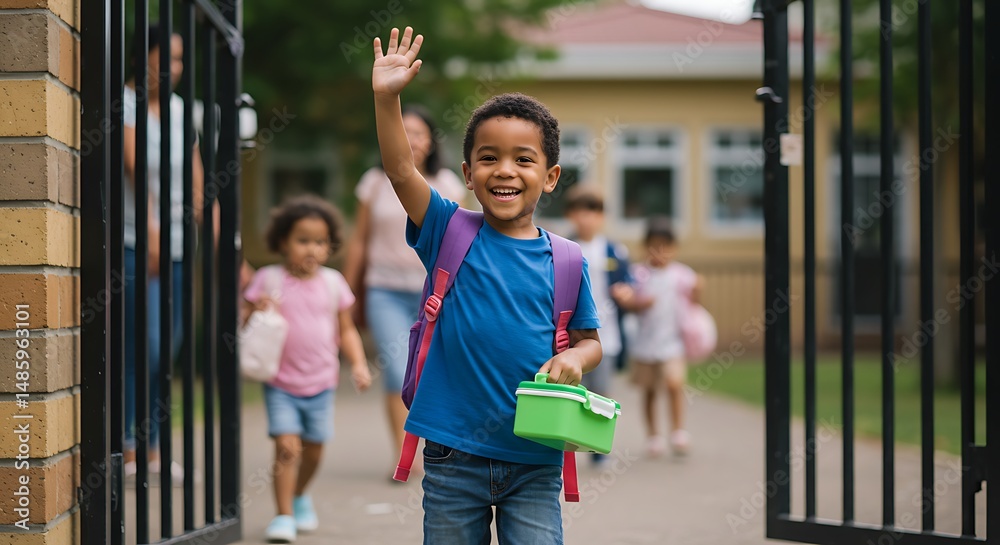 Obraz premium A young, smiling boy waving happily as he leaves school with his lunchbox in hand.