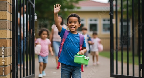 A young, smiling boy waving happily as he leaves school with his lunchbox in hand.
