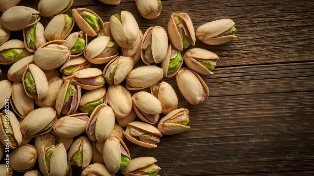 Pistachios resting on rustic wooden table: perfect for snacking