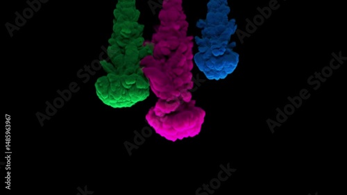 Colored ink clouds billow downward and expand in liquid against a black background, 3D animation