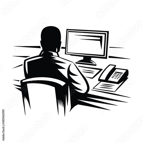 Silhouette of Man at Desk with Computer Monitor and Telephone, Office Environment
