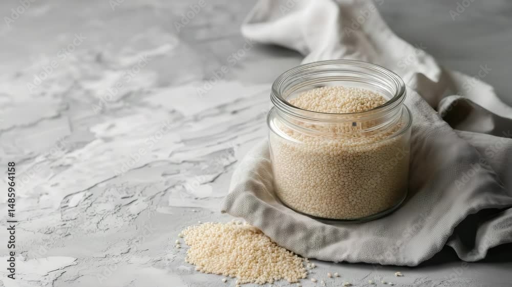 Raw organic white amaranth grain in glass jar on grey background