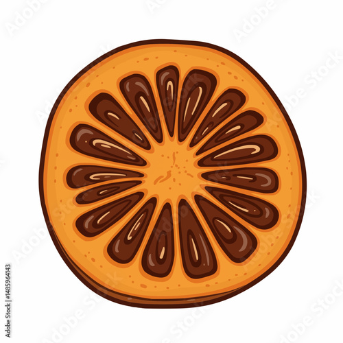 Graphic slice of orange fruit, brown seeds, and textured orange peel