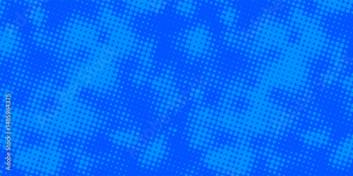 Retro comic gradient background. blue halftone pattern. Bright blue pixelated dotted texture overlay. Cartoon pop art faded gradient pattern