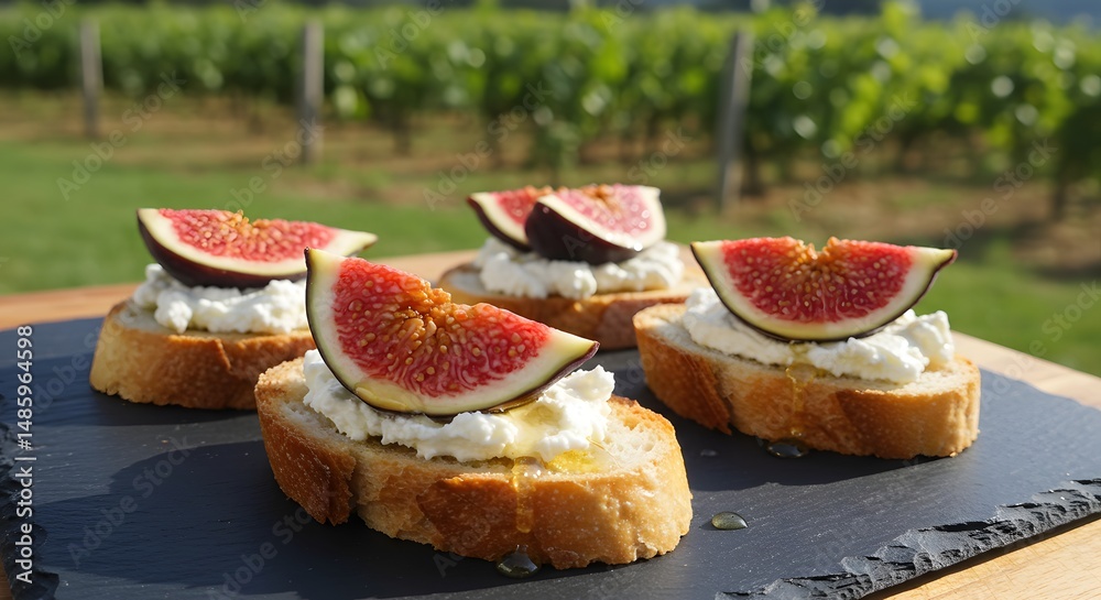 Four fig and cheese toast appetizers on a slate board in a vineyard setting Four fig and cheese toast appetizers on a slate board in a vineyard setting