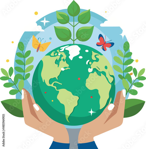 Hands holding a green globe symbolize global environmental care