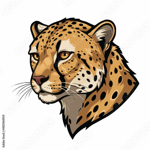 Illustration of a leopard’s face with black spots on a tan body, against white