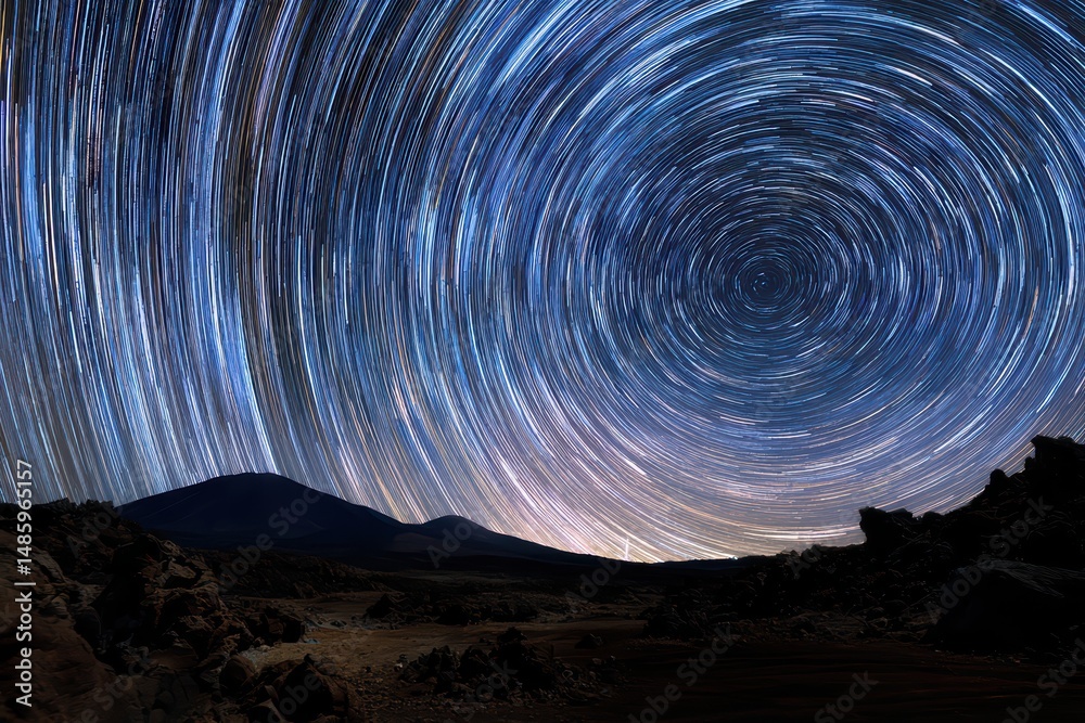 Fototapeta premium Volcanic Lava Flow Under Milky Way Sky, Star Trails, and Night Landscape with Red Glow Contrast