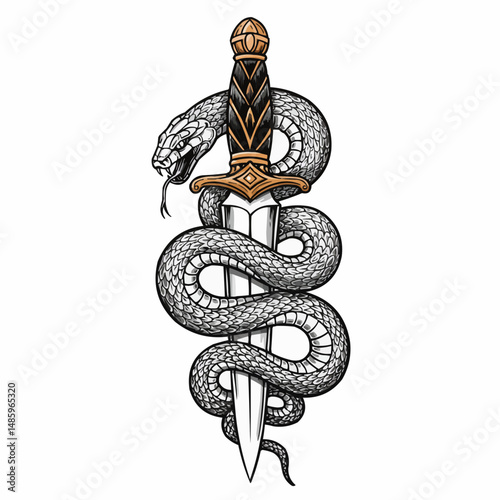 Intricate illustration of a snake coiled around a sword, against a white background