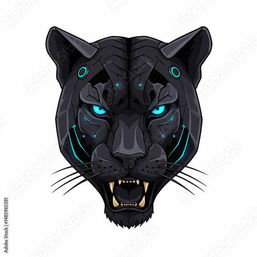 Robotic animal head drawing in dark grey with blue accents and sharp, piercing eyes