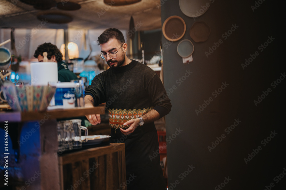 Obraz premium A man wearing casual attire is engaged in food preparation at a lounge bar, with a cozy and inviting atmosphere captured in the background. The image highlights a leisurely and sociable setting.