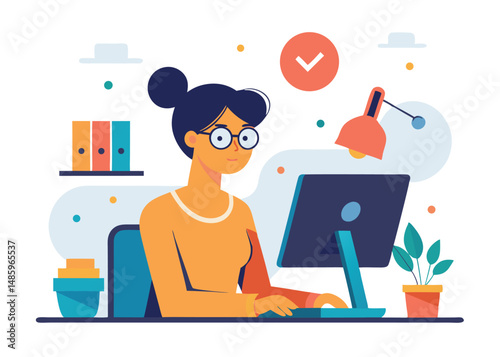 Graphic designer concept illustration. A character using computer sitting on table vector on white background
