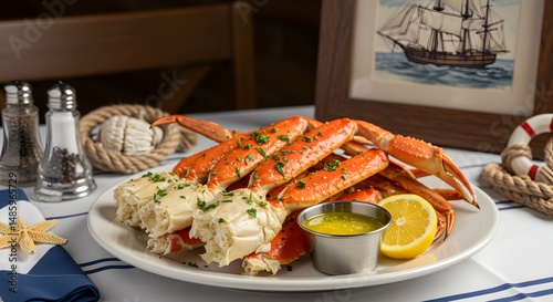 A plate of snow crab legs with butter and lemon on a nautical themed table