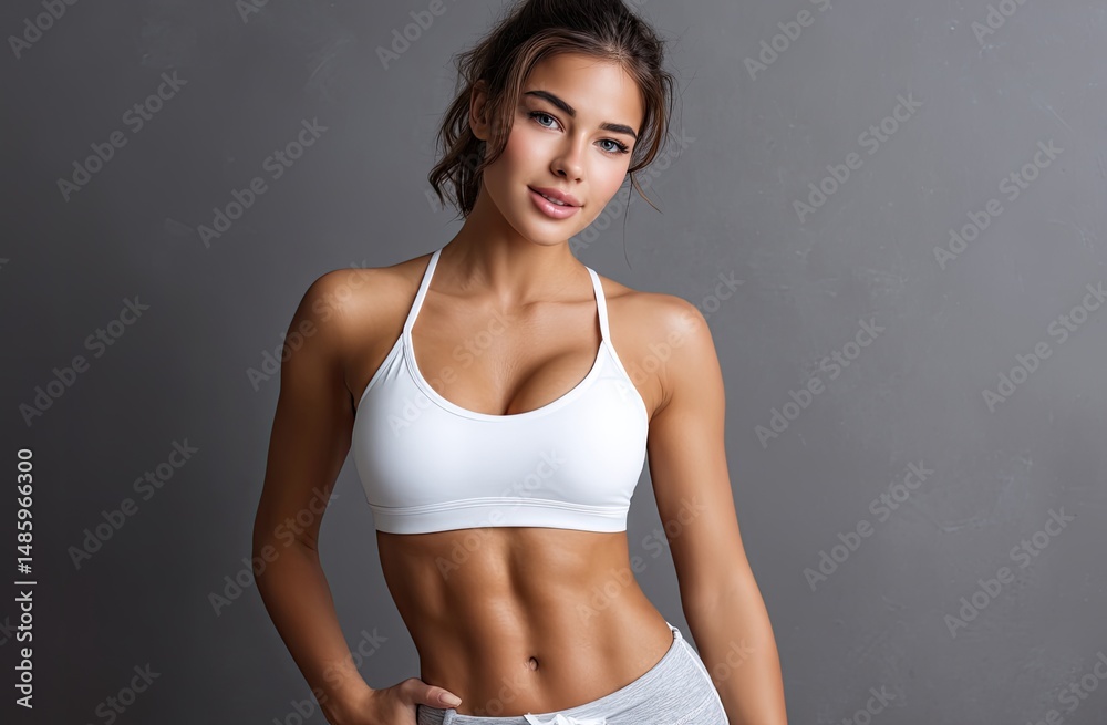 Obraz premium A beautiful fitness woman in white leggings and top shows her waistline, side view on a light background