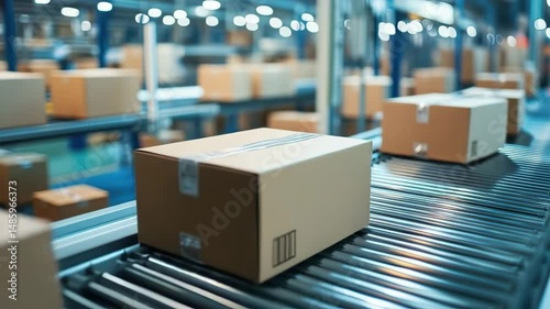 Cardboard boxes moving on conveyor belt in distribution warehouse