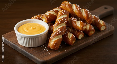A pile of pretzel sticks with cheese dip on a wooden serving board close up