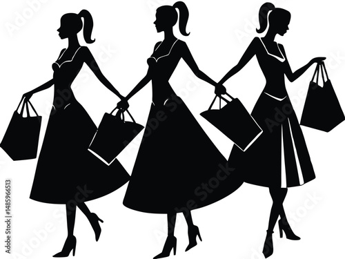 Elegant Women Silhouettes Holding Bags on Black Background