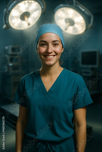 Smiling young female doctor wearing surgical scrubs in a bright, high-tech operating room. Confident and professional healthcare worker in a modern hospital setting.