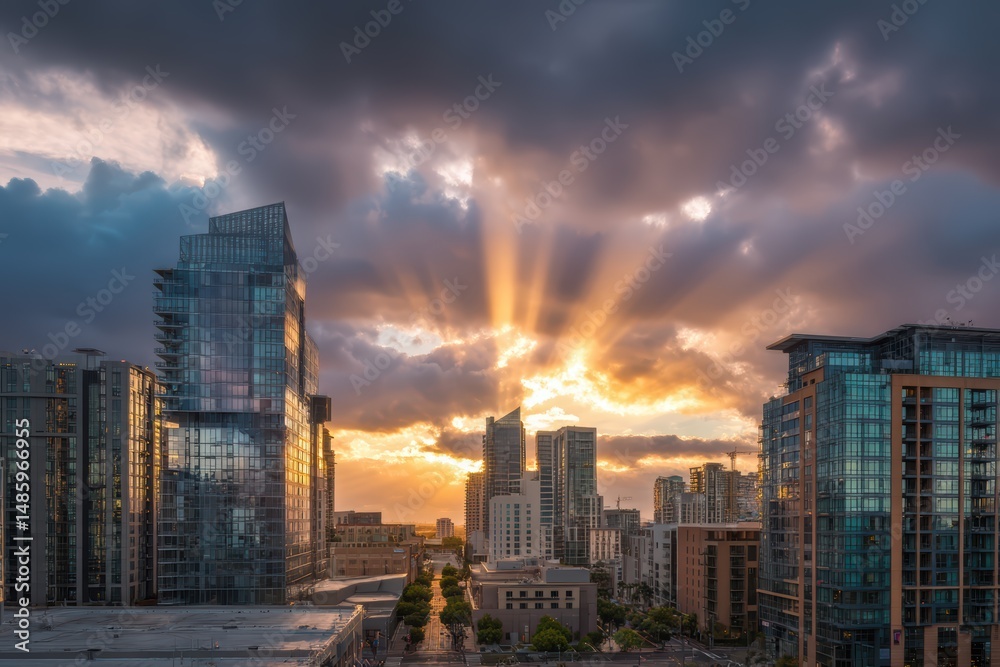 Fototapeta premium Modern Glass Skyscrapers with Crepuscular Rays Under Blue Sky, Urban Architecture Perspective