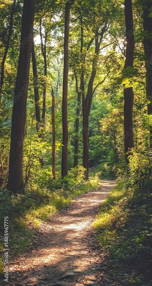 Fototapeta premium Sunlit forest path winds through tall trees